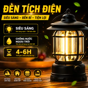 Đèn tích điện camping dã ngoại du lịch, đèn bão dùng pin sạc tích điện có móc treo decor, chống nước
