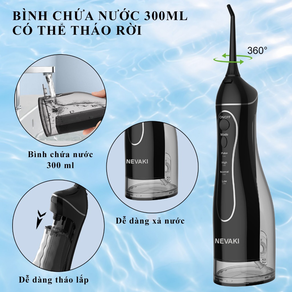 Combo tăm nước và bàn chải điện NEVAKI cao cấp vệ sinh răng miệng sạch sẽ, chống nước IPX7 bảo hành 12 tháng