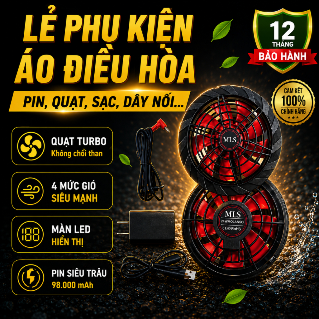 Phụ kiện áo điều hòa chính hãng, quạt kép 9 cánh không chổi than, dây cáp kết nối cao cấp chống đứt
