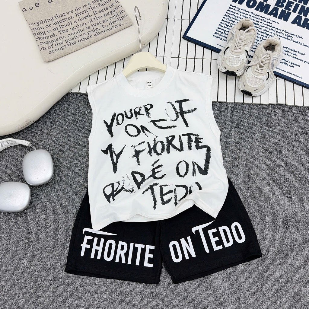 Bộ quần áo cho bé trai từ 17-60kg, 5-15 tuổi, in chữ tràn TEDO form tay hến, dáng rộng chất cotton