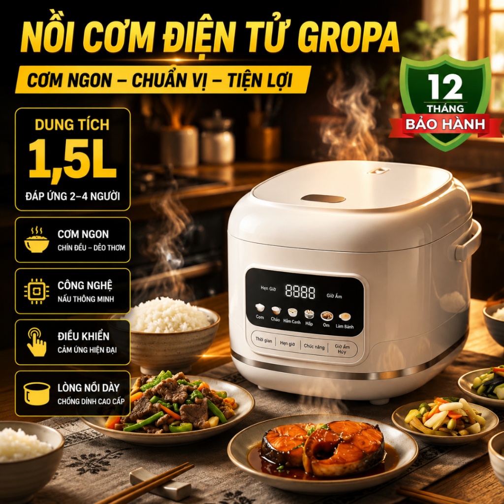 Nồi cơm điện tử Gropa G3 chính hãng, nồi cơm điện 1,5L lòng nồi chống dính 3 lớp nấu cơm siêu ngon