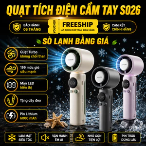 Quạt mini cầm tay sạc tích điện có sò lạnh, quạt Turbo 199 tốc độ gió màn hình LED,pin trâu 6000 mAh