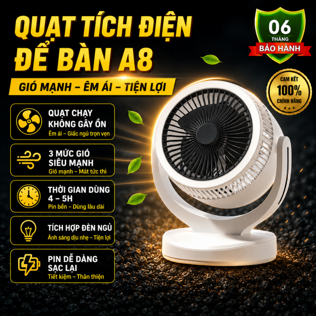 Quạt tích điện để bàn A8,quạt mini kèm đèn ngủ 3 cấp gió, xoay 360 độ làm mát nhanh, không gây ồn