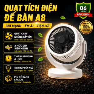 Quạt tích điện để bàn A8,quạt mini kèm đèn ngủ 3 cấp gió, xoay 360 độ làm mát nhanh, không gây ồn