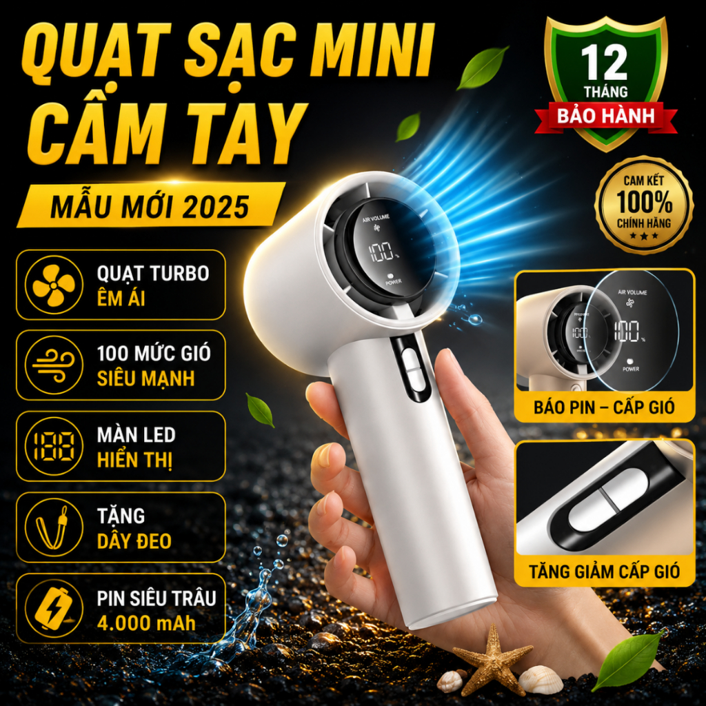 Quạt cầm tay mini pin sạc, quạt tích điện pin trâu 4000mAh màn hình LED hiển thị 100 cấp độ gió