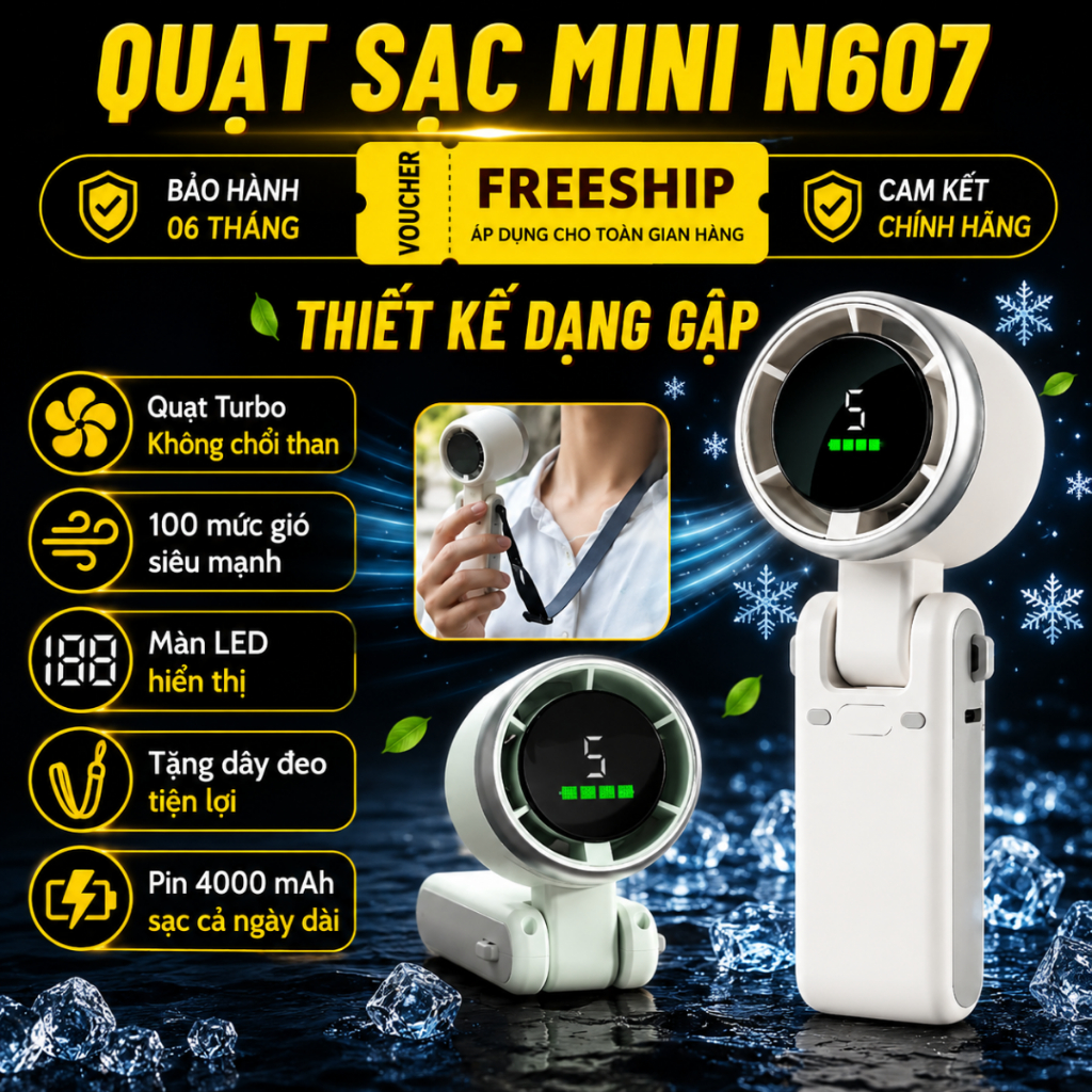 Quạt cầm tay mini, quạt không chổi than 5 tốc độ gió cực mát,quạt gập cổ có màn LED hiển thị