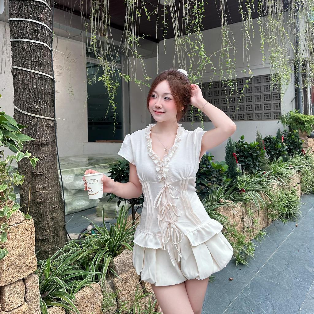 Áo Cổ V Bèo Đũi Vân Cổ Bèo Buộc Dây Nơ Chiết Eo-B11