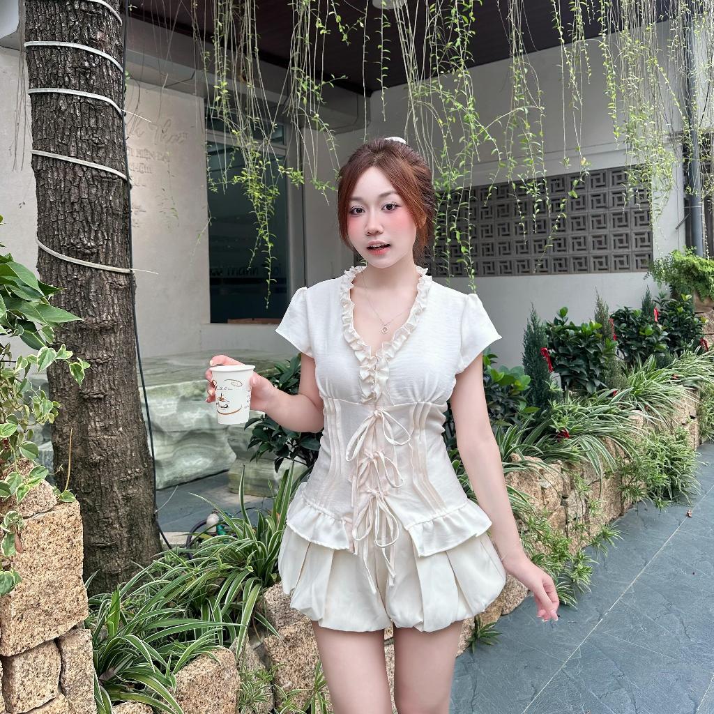 Áo Cổ V Bèo Đũi Vân Cổ Bèo Buộc Dây Nơ Chiết Eo-B11