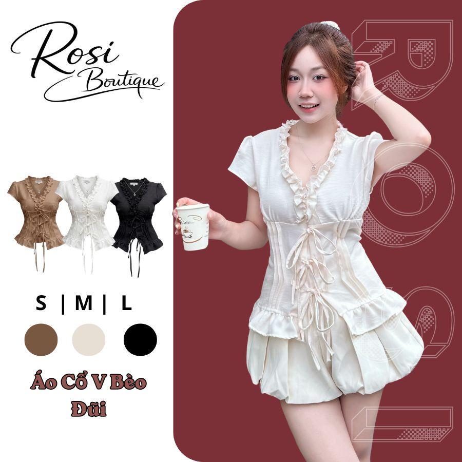 Áo Cổ V Bèo Đũi Vân Cổ Bèo Buộc Dây Nơ Chiết Eo-B11