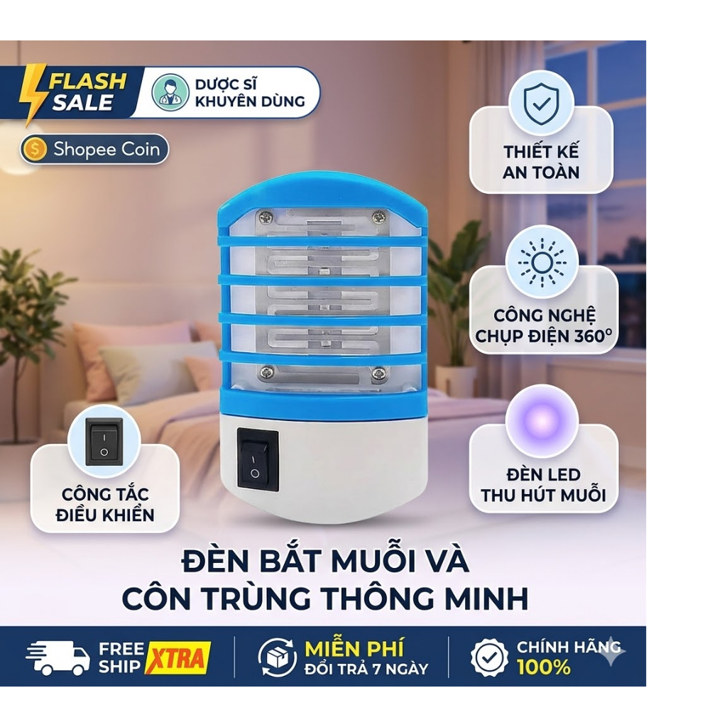 Đèn Bắt Muỗi Gắn Tường Mini 220V, Máy Diệt Muỗi Côn Trùng Cắm Điện Nhỏ Gọn Tiện Dụng