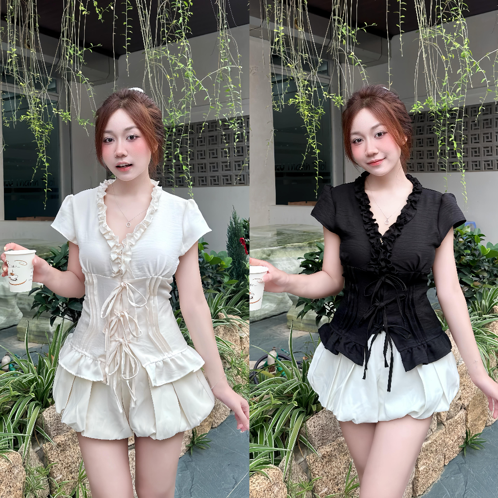 Áo Cổ V Bèo Đũi Vân Cổ Bèo Buộc Dây Nơ Chiết Eo-B11