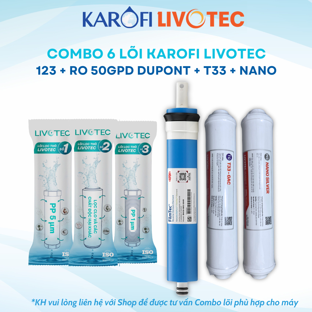 Combo 6 Lõi Lọc Karofi Gồm Lõi 123 Livotec, Màng RO 50GPD, Lõi Chức Năng Livotec T33-GAC và Nano Silver