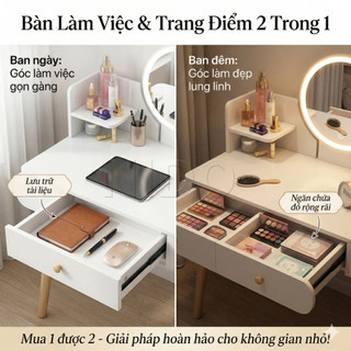 Nido Bàn Trang Điểm Bàn Làm Việc 2 Trong 1 MDF 12mm, Gương Tròn Tùy Chọn LED, Kệ Mỹ Phẩm Hiện Đại