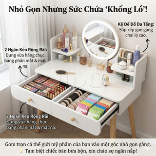 Nido Bàn Trang Điểm Bàn Làm Việc 2 Trong 1 MDF 12mm, Gương Tròn Tùy Chọn LED, Kệ Mỹ Phẩm Hiện Đại