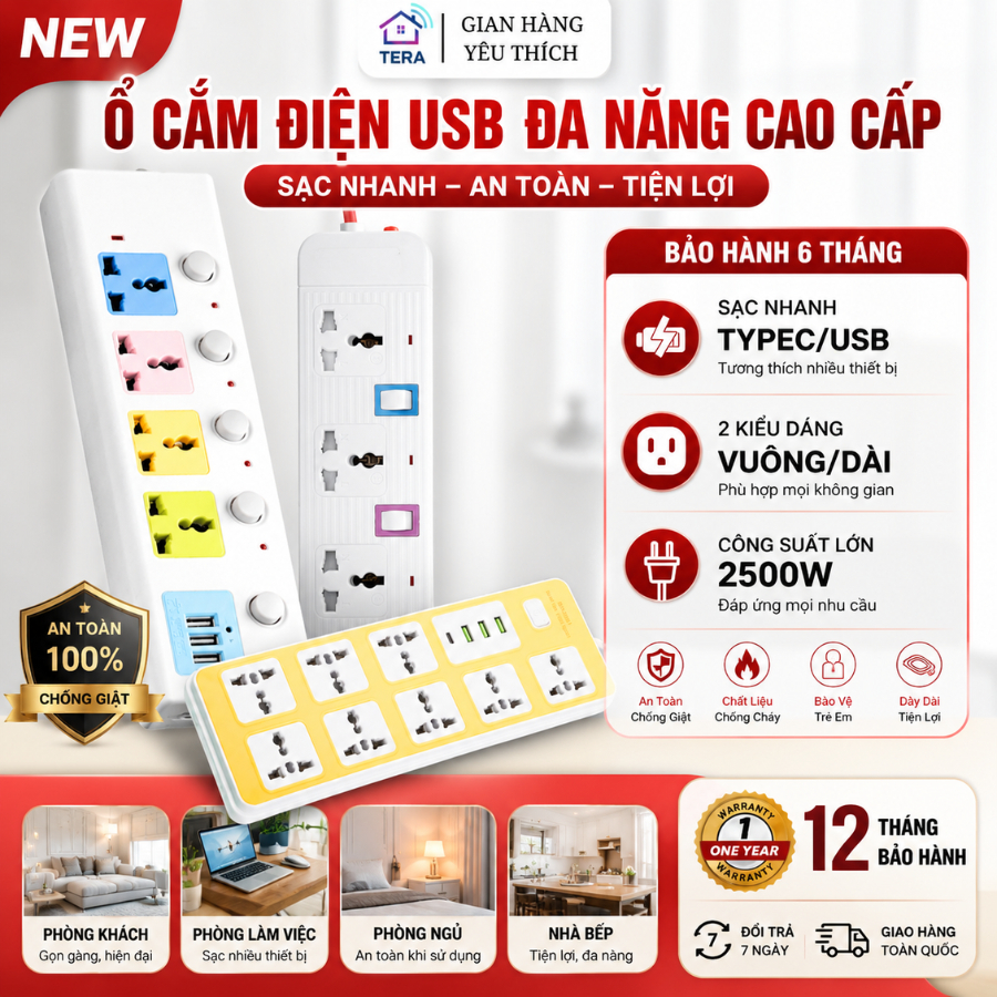 Ổ Cắm Điện USB Đa Năng Cao Cấp Chống Giật Dây Dài 4m, 2 Cổng Cắm USB Công Suất 2500W Có Chốt An Toàn