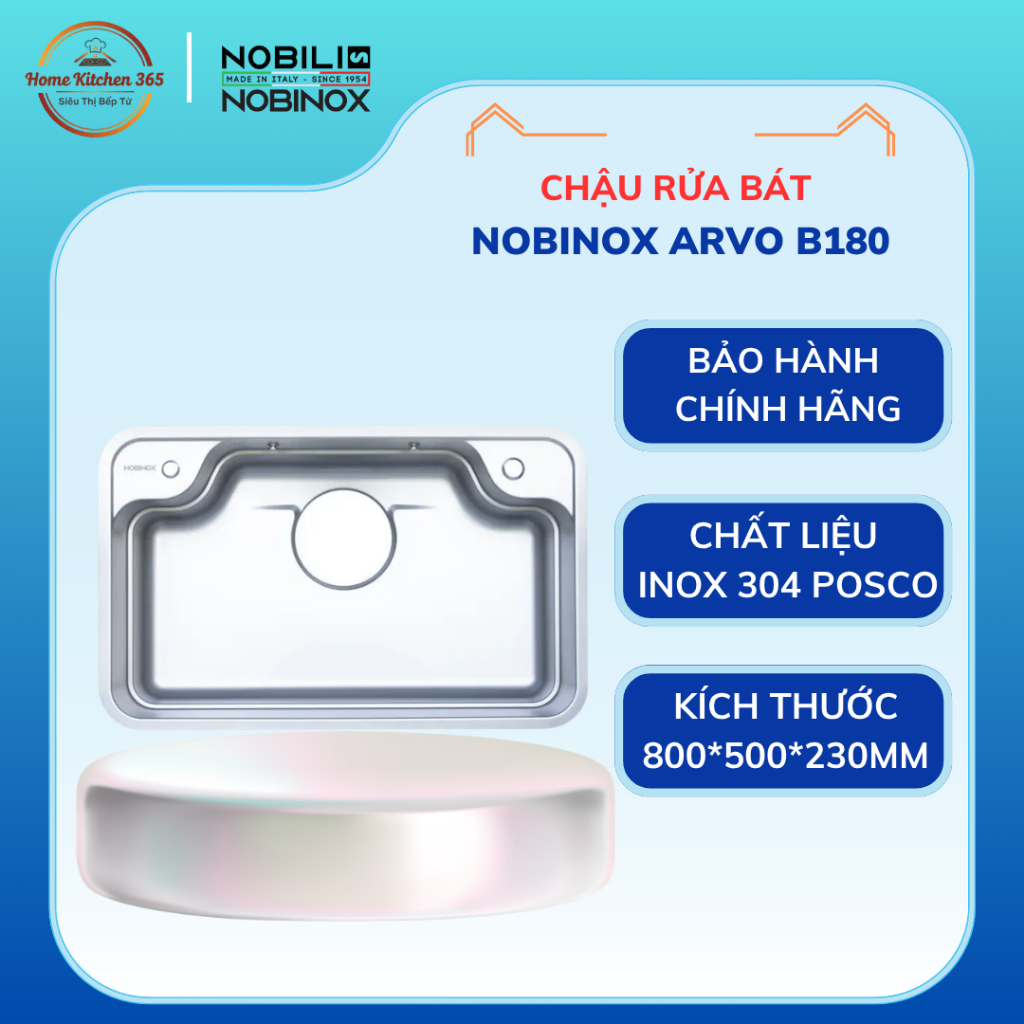 [TẶNG VÒI] CHẬU RỬA BÁT 1 HỐ NOBINOX ARVO B180 - Chất Liệu Inox 304, Thiết Kế Sang Trọng