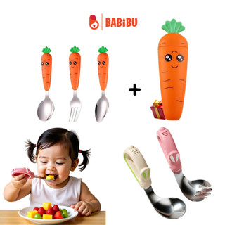 XẢ KHO - Set thìa dĩa tập xúc inox cà rốt tặng hộp đựng dễ thương cho bé