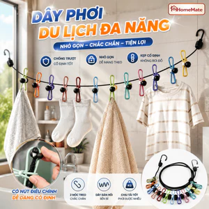 Dây Phơi Đồ Du Lịch Co Giãn 1.8–3.5m, Dây Treo Quần Áo Có 12 Kẹp Chống Gió, Móc Carabiner Tiện Lợi Cắm Trại Du Lịch