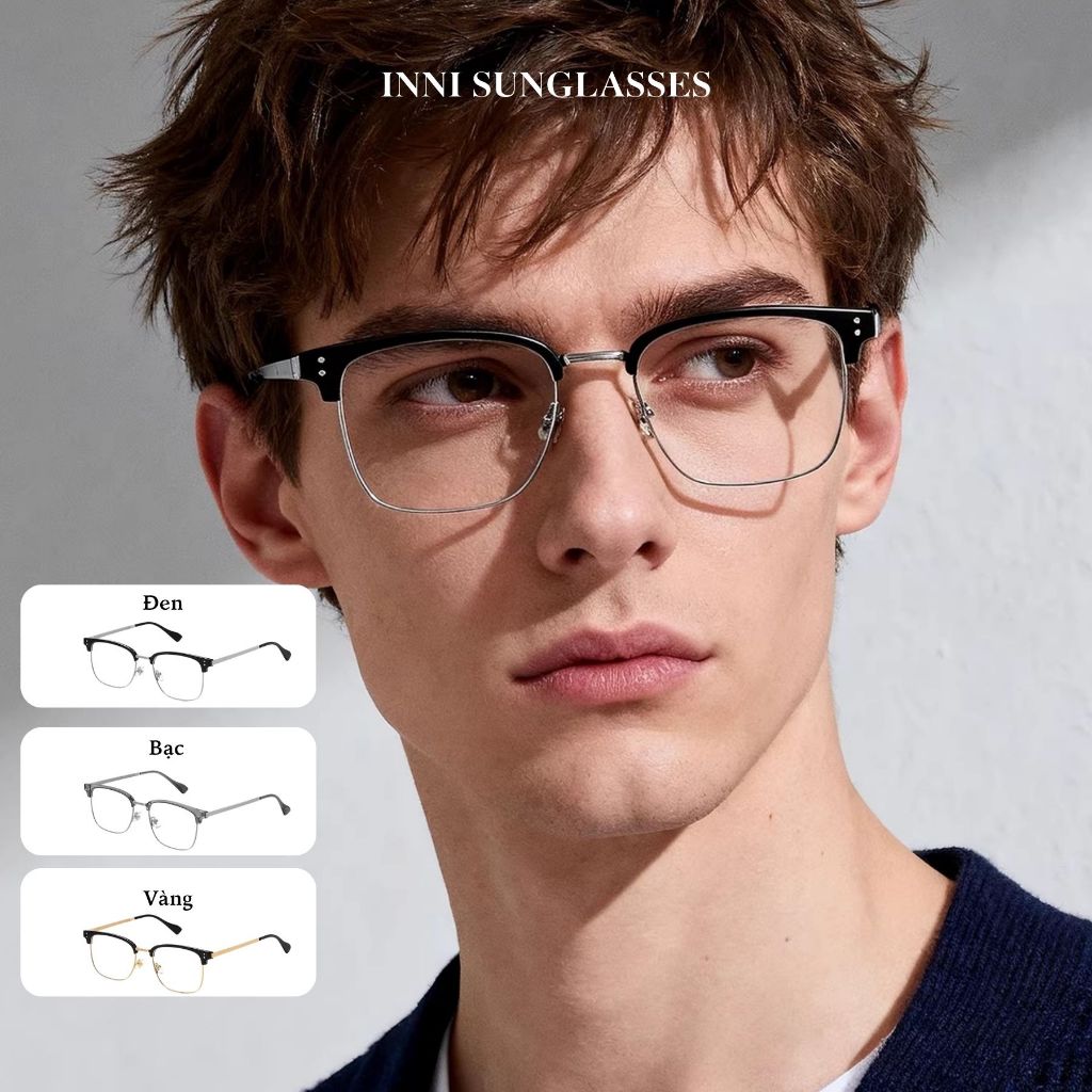 Kính Cận Thời Trang INNI Gọng Nửa Viền Nam, Form Lớn Phong Cách Cá Tính, Chống Ánh Sáng Xanh 8038