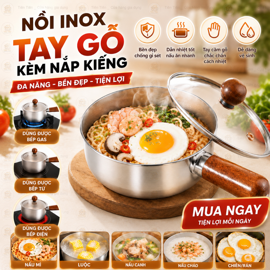 Bát/tô inox kiểu Nhật nồi inox 17cm có tay cầm bằng gỗ và nắp đậy dùng để nấu mì hâm nóng sữa phù hợp cho bếp gas và bếp