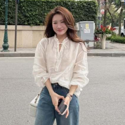 Áo Sơ Mi Nữ Kiểu Tay Dài Cổ Tàu Thắt Dây Nơ Xinh Xắn Mặc Đi Học Đi Làm Kimee - KA872