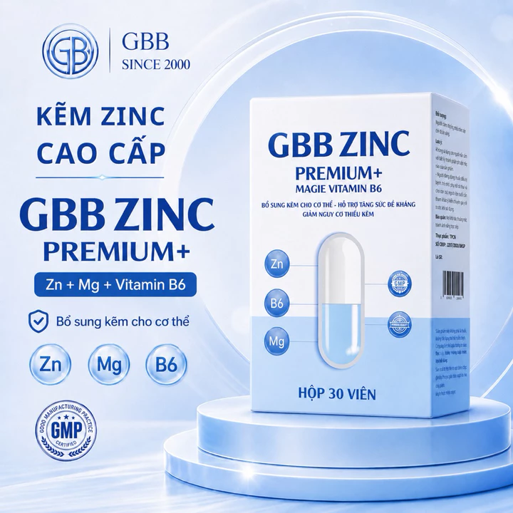 Viên uống kẽm Zinc GBB Premium+ bổ sung kẽm, magie, vit B6 hỗ trợ giảm mụn, mọc tóc, năng sức khỏe (1H/30v)