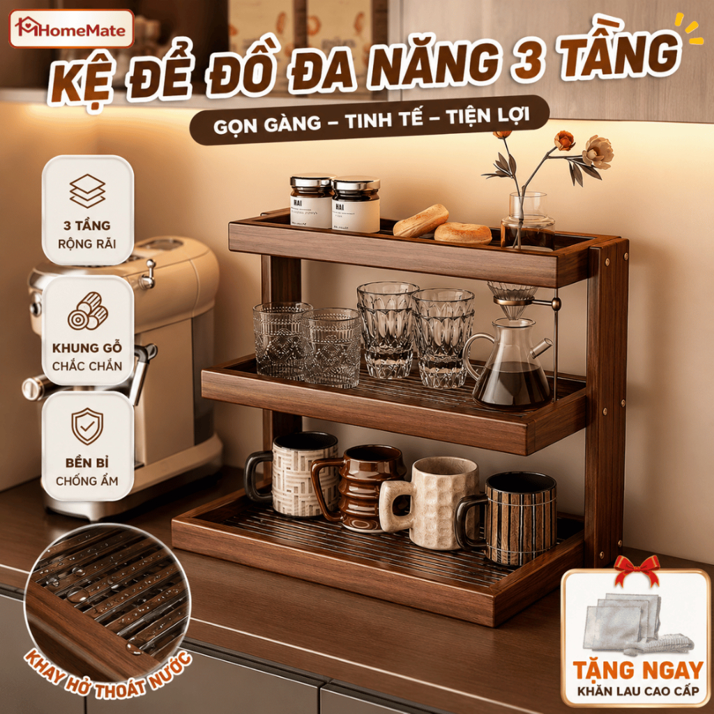 Kệ Để Ly Cốc HomeMate Bằng Gỗ Tre Cao Cấp, Kệ Trưng Bày Đa Năng Nhiều Tầng Phong Cách Tối Giản