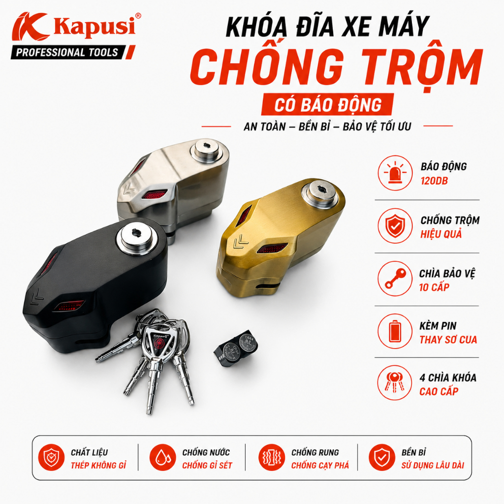 Khóa Đĩa Xe Máy Báo Động Chống Trộm Cao Cấp - Chống Nước - Thép Không Gỉ - 4 Chìa