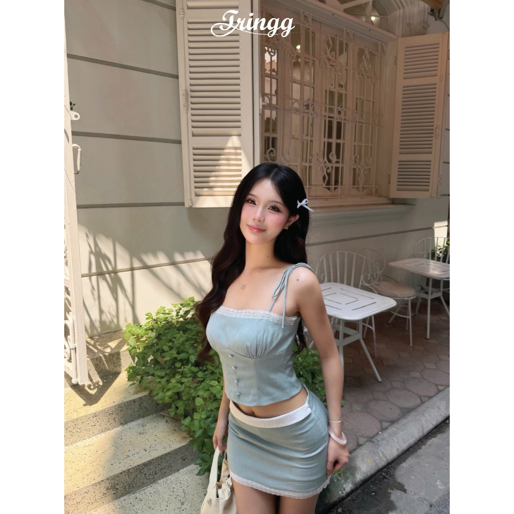 TRINGG - BUBBLE AIRY Set áo váy nữ đi chơi, cafe, đi tiệc, áo dây chéo nữ kèm váy form bồng dễ thương