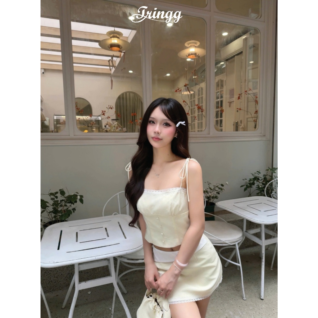 TRINGG - BUBBLE AIRY Set áo váy nữ đi chơi, cafe, đi tiệc, áo dây chéo nữ kèm váy form bồng dễ thương