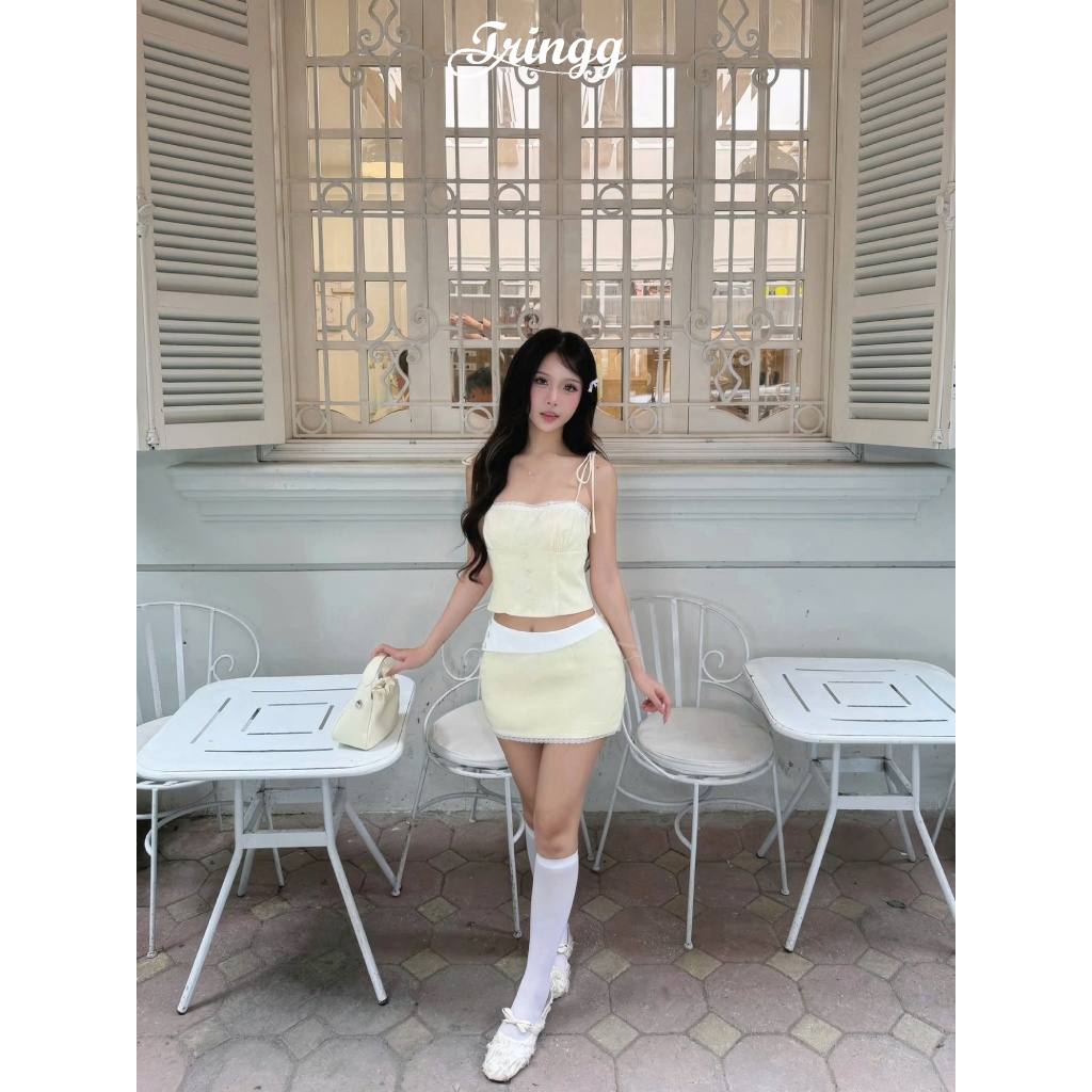 TRINGG - BUBBLE AIRY Set áo váy nữ đi chơi, cafe, đi tiệc, áo dây chéo nữ kèm váy form bồng dễ thương