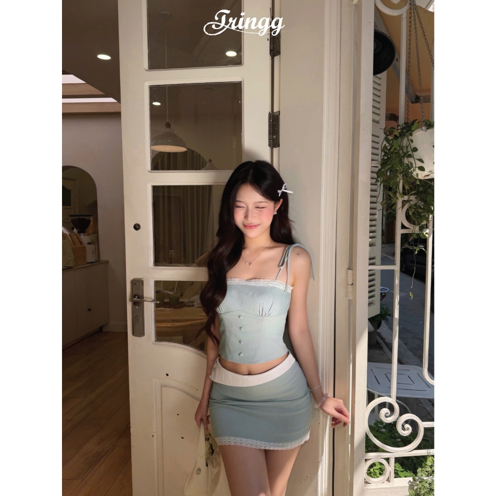 TRINGG - BUBBLE AIRY Set áo váy nữ đi chơi, cafe, đi tiệc, áo dây chéo nữ kèm váy form bồng dễ thương