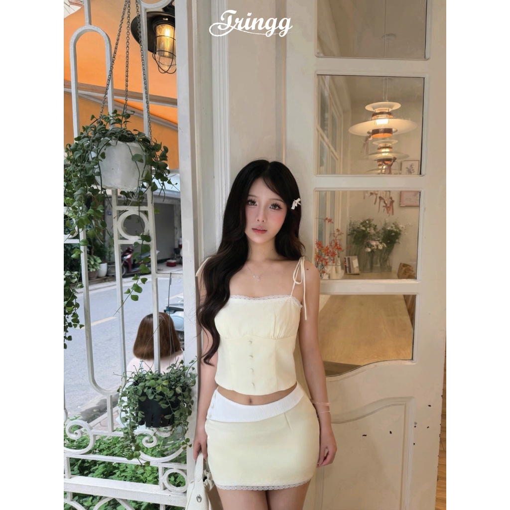 TRINGG - BUBBLE AIRY Set áo váy nữ đi chơi, cafe, đi tiệc, áo dây chéo nữ kèm váy form bồng dễ thương