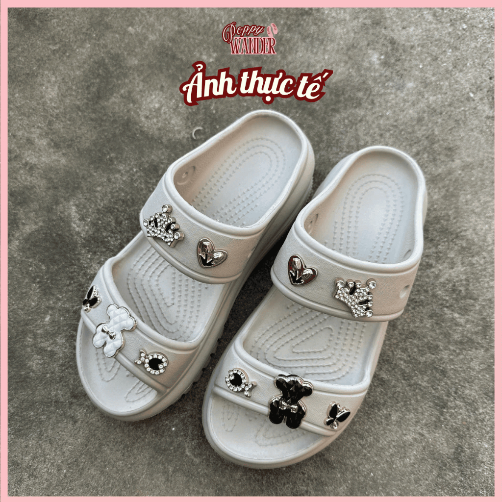 Dép Bánh Mì Nữ 2 Quai Ngang Đế Cao 6cm Gắn Charm Đá Sang Chảnh, Dép Sandal Đi Biển Chống Trượt 2026