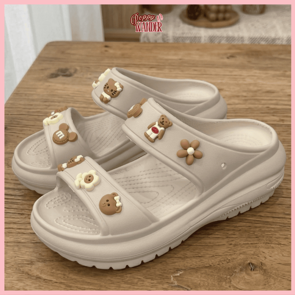 Dép Bánh Mì Nữ 2 Quai Ngang Đế Cao 6cm Gắn Charm Đá Sang Chảnh, Dép Sandal Đi Biển Chống Trượt 2026