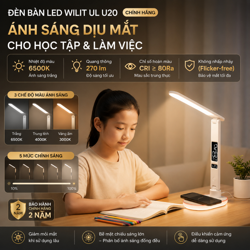 ĐÈN BÀN LED WILIT UL U20 CAO CẤP – Ánh sáng chống cận - Hàng chính hãng bảo hành 24 tháng.