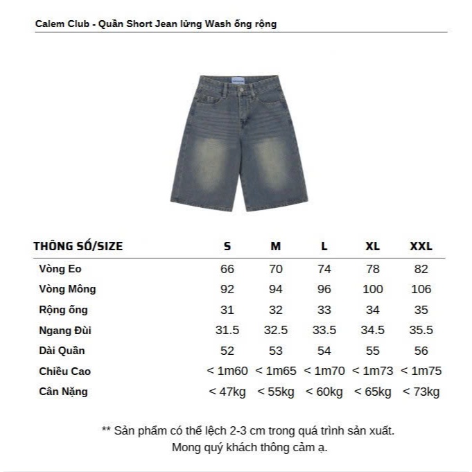 Quần Short Jeans lửng Calem.Club wash cạp thấp ống rộng form unisex nam nữ