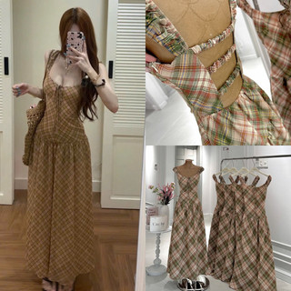 SEP House - Đầm midi dáng dài cổ V thuyền cột nơ ngực hoạ hở lưng hoạ tiết caro hai lớp trẻ trung, trendy - Ảnh thật