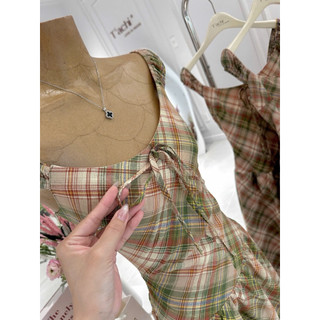 SEP House - Đầm midi dáng dài cổ V thuyền cột nơ ngực hoạ hở lưng hoạ tiết caro hai lớp trẻ trung, trendy - Ảnh thật