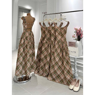 SEP House - Đầm midi dáng dài cổ V thuyền cột nơ ngực hoạ hở lưng hoạ tiết caro hai lớp trẻ trung, trendy - Ảnh thật