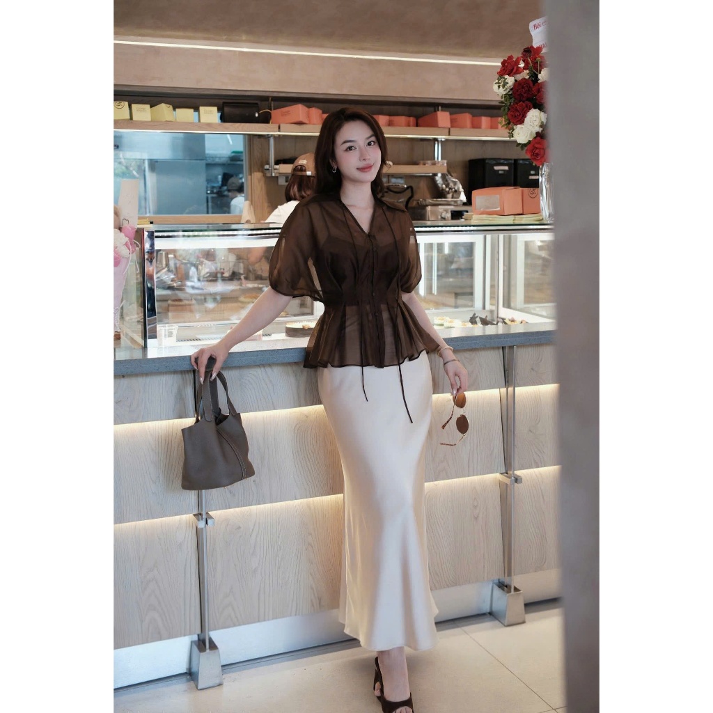 ZIMM STORE-Set áo tơ hai lớp tay bồng phối chân váy lụa suông dài