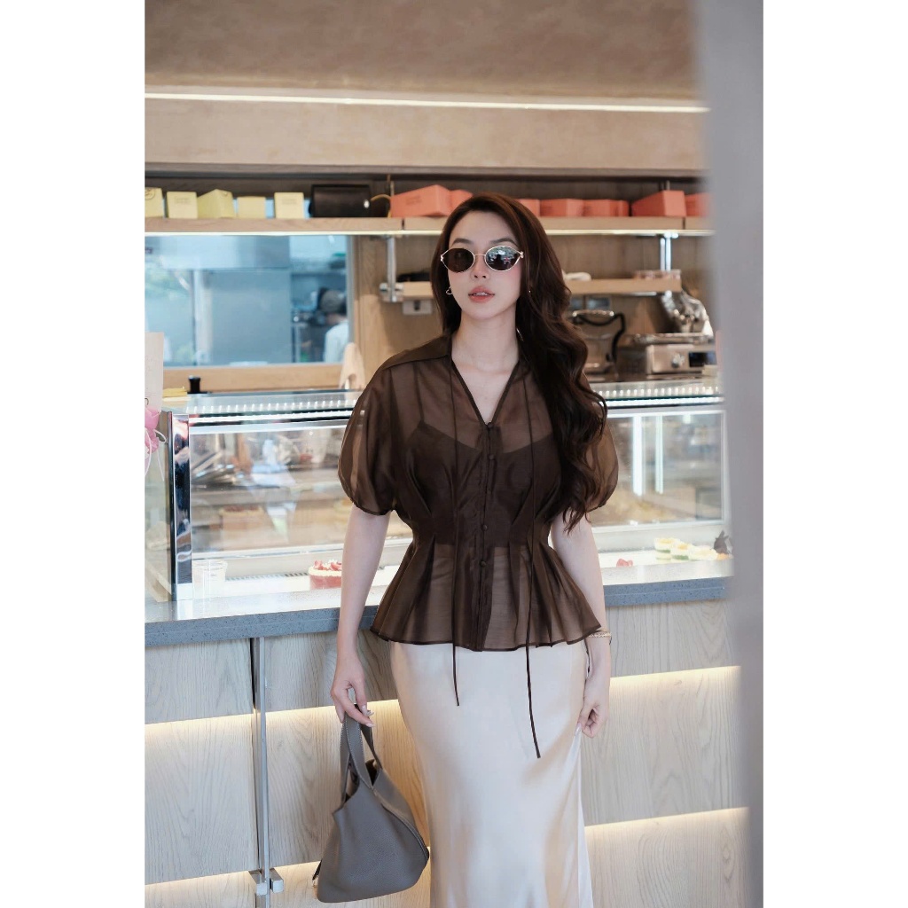 ZIMM STORE-Set áo tơ hai lớp tay bồng phối chân váy lụa suông dài