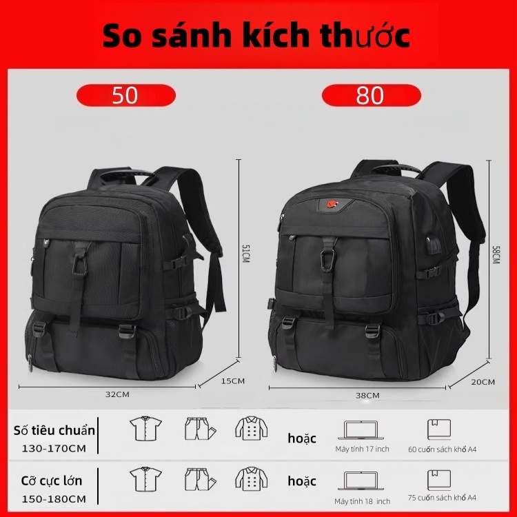 COD 50-80L Balo du lịch nam có thể mở balo to đựng quần áo đựng laptop 17 inch chống thấm nước