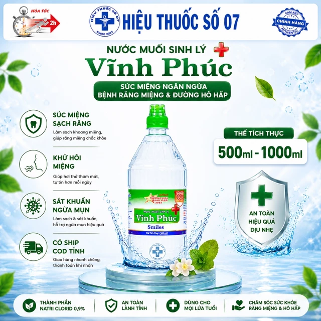 Nước súc miệng, Nước muối sinh lý Vĩnh Phúc Smile natriclorid 0.9% chai 500ml-1000ml - Hỏa tốc HCM