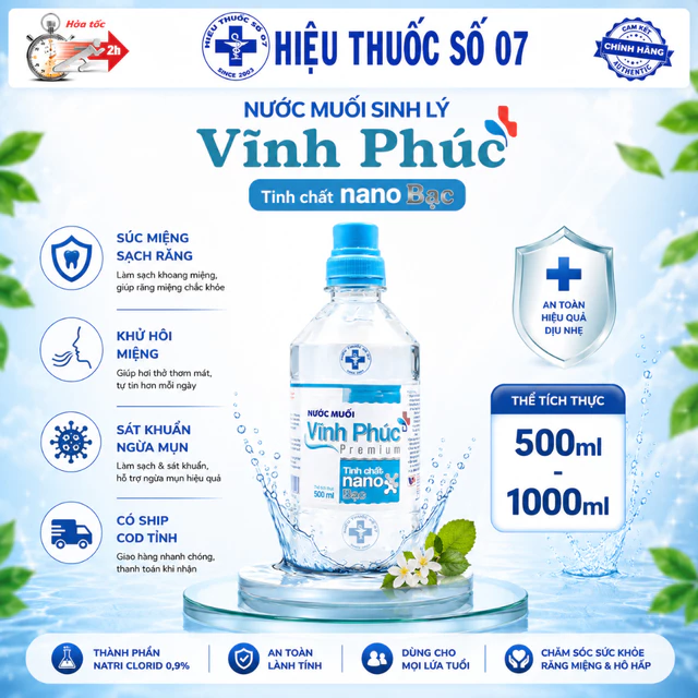 Nước súc miệng, Nước muối sinh lý Vĩnh Phúc Premium tinh chất nano bạc, chai 500m/1000ml (mẫu mới)