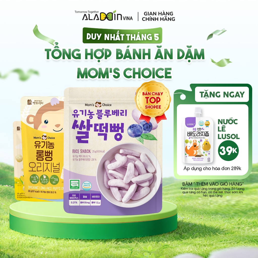 Bánh Ăn Dặm Hữu Cơ Cho Bé Từ 6 Tháng Mom’s Choice từ gạo hữu cơ Hàn Quốc Mềm Tan Dễ Ăn Không Chất Bảo Quản Aladdin Vina
