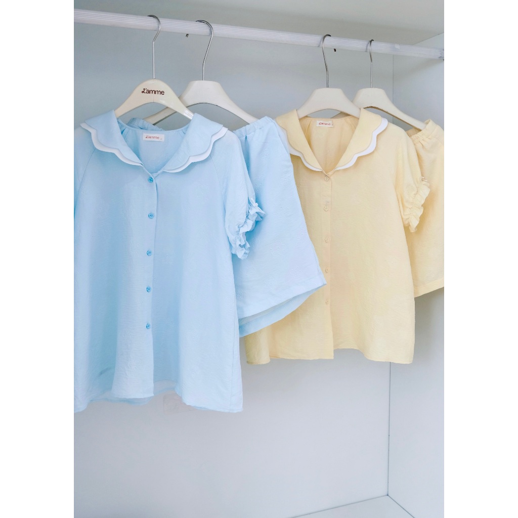 Bộ Đồ Ngủ Nữ Floral Đũi Hàn Hoa Nổi Dáng Rộng Thoải Mái, Thấm Hút Mồ Hôi, Tay Bo Chun Che Bắp Tay - L'amme