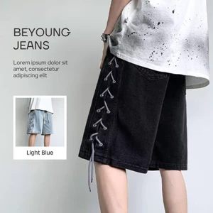Quần short jean nam ống thẳng rộng phong cách American Streetwear có dây kéo bên giặt cũ cổ điển