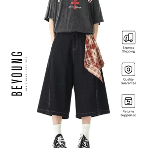 Quần short jean ống rộng lửng nam phong cách American Streetwear có khăn vuông ô tháo rời mùa hè cá tính