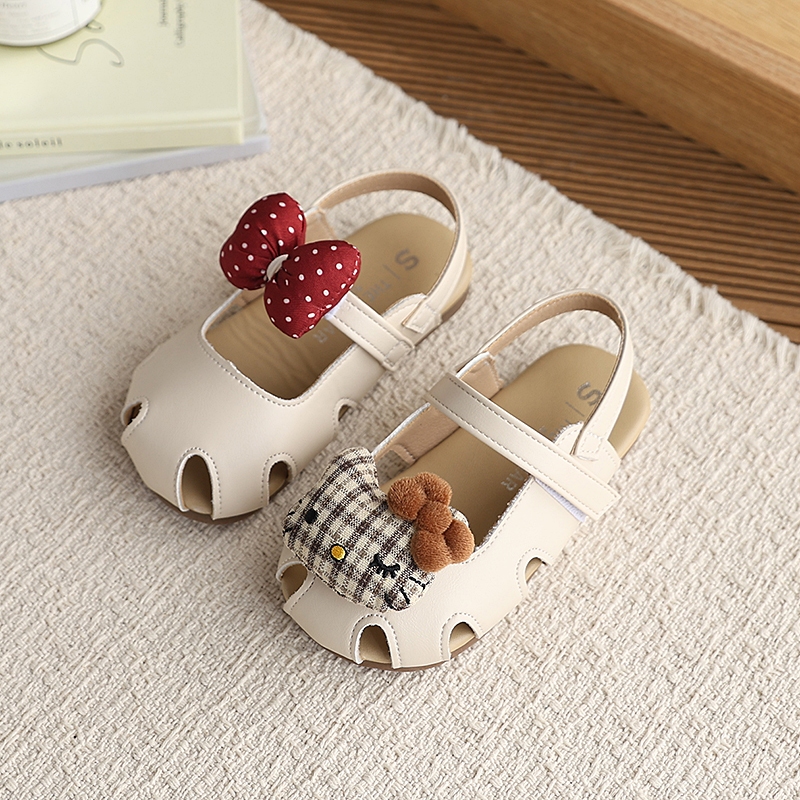 Bella Neman Giày sandal bé gái đầu búp bê, nơ chấm bi/thú cưng, đế mềm êm chân mùa hè